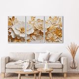 Quadro Decorativo Floral Delicado Flores Brancas E Amarelas Com 3 Telas De Parede Para Sala Quarto E Com Vidro Branco