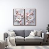 Quadro Decorativo Floral Flor De Porcelana Com 2 Telas De Parede Para Sala Quarto Escritório 60cm X Com Vidro Marrom