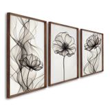 Quadro Decorativo Modelo Floral Iii Com 3 Telas De Parede Para Sala Quarto Escritório 60cm X 90cm Com Vidro Marrom