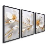 Quadro Decorativo Floral Delicado Magnólias Com 3 Telas De Parede Para Sala Quarto Escritório 60cm X Sem Vidro Preto