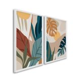 Quadro Decorativo Paisagem Tropical Plantas E Folhas Com 2 Telas De Parede Para Sala Quarto Escritór Sem Vidro Branco