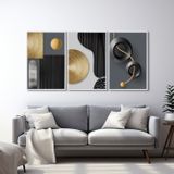 Quadro Decorativo Geométrico Formas E Linhas 3 Telas De Parede Para Sala Quarto Escritório 60cm X 90 Com Vidro Branco