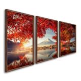 Quadro Decorativo Paisagem Montanhas E Flores Vermelhas Com 3 Telas De Parede Para Sala Quarto Escri Com Vidro Marrom