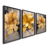 Quadro Decorativo Floral Amarelo Com 3 Telas De Parede Para Sala Quarto Escritório 60cm X 90cm Sem Vidro Preto