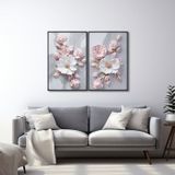Quadro Decorativo Floral Flor De Porcelana Com 2 Telas De Parede Para Sala Quarto Escritório 60cm X Com Vidro Preto