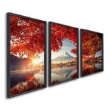 Quadro Decorativo Paisagem Montanhas E Flores Vermelhas Com 3 Telas De Parede Para Sala Quarto Escri Sem Vidro Preto