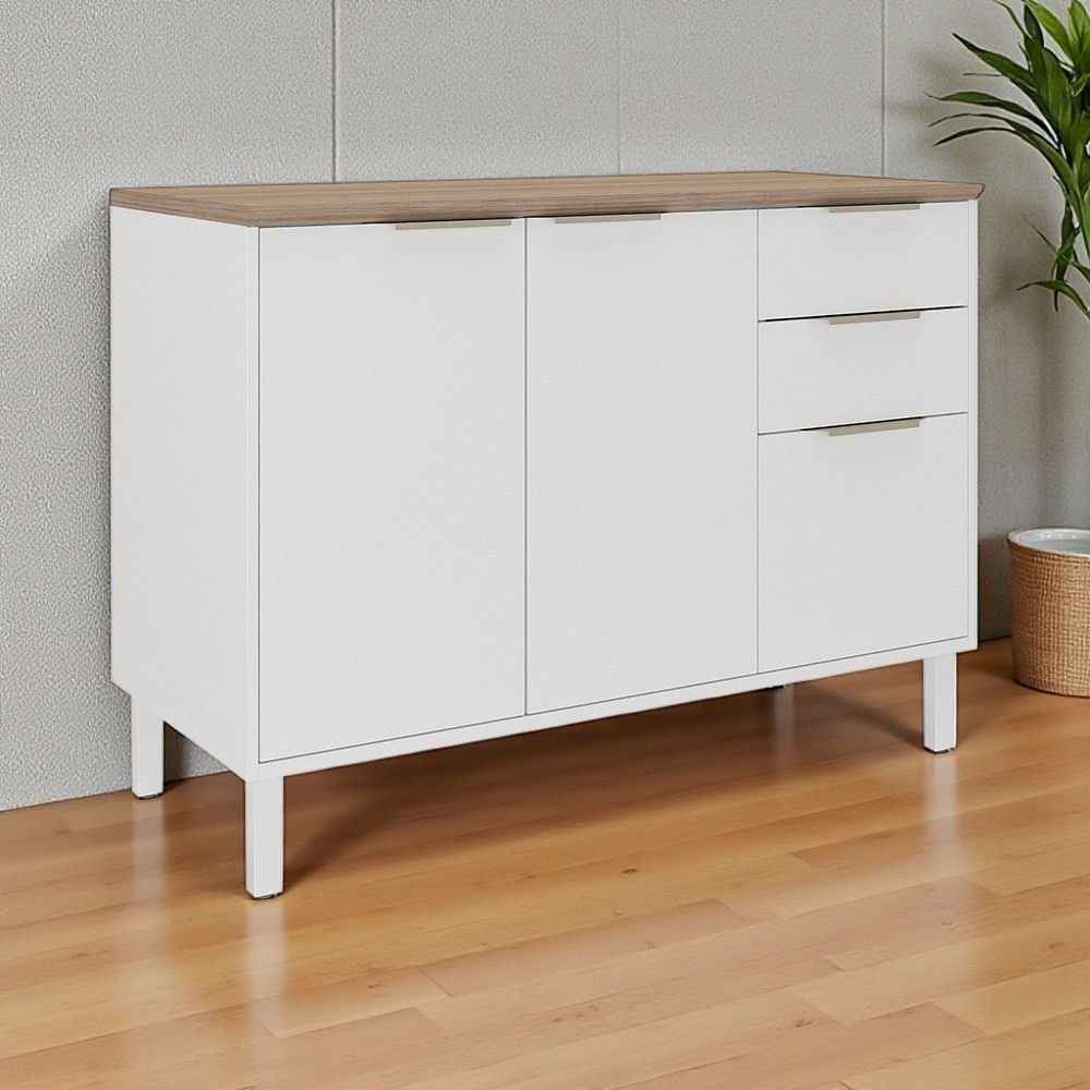 Balcão Cozinha Em Aço 3 Portas 2 Gavetas 120cm Com Tampo Dobradiça Slow Motion Renova Itatiaia Branco Neve