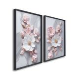 Quadro Decorativo Floral Flor De Porcelana Com 2 Telas De Parede Para Sala Quarto Escritório 60cm X Sem Vidro Preto