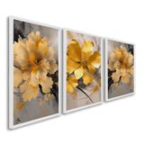 Quadro Decorativo Floral Amarelo Com 3 Telas De Parede Para Sala Quarto Escritório 60cm X 90cm Sem Vidro Branco
