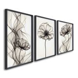 Quadro Decorativo Modelo Floral Iii Com 3 Telas De Parede Para Sala Quarto Escritório 60cm X 90cm Com Vidro Preto
