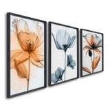 Quadro Decorativo Floral Flores Com Caule Com 3 Telas De Parede Para Sala Quarto Escritório 60cm X 9 Sem Vidro Preto