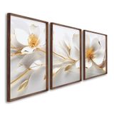 Quadro Decorativo Floral Delicado Magnólias Com 3 Telas De Parede Para Sala Quarto Escritório 60cm X Sem Vidro Marrom