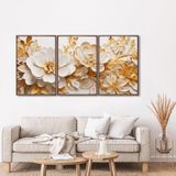 Quadro Decorativo Floral Delicado Flores Brancas E Amarelas Com 3 Telas De Parede Para Sala Quarto E Com Vidro Marrom