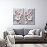 Quadro Decorativo Floral Flor De Porcelana Com 2 Telas De Parede Para Sala Quarto Escritório 60cm X Com Vidro Branco