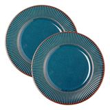Jogo 2 Prato De Sobremesa Ceramica Azul Linear Rústico 20cm Lyor