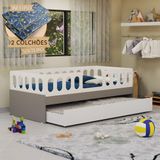 Cama Infantil Lara Solteiro Com Cama Auxiliar E 2 Colchões Branco E Cinza - Baby Mobília - Branco
