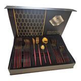Jogo De Faqueiro Maleta Luxo Vermelho Com Dourado Inox 24pç