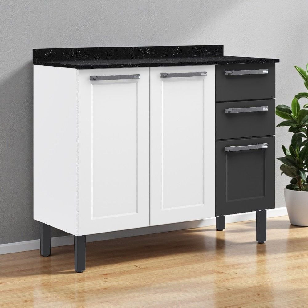 Balcão Cozinha Em Aço 3 Portas E 2 Gavetas 105cm Com Tampo Florença Itatiaia Branco/grafite