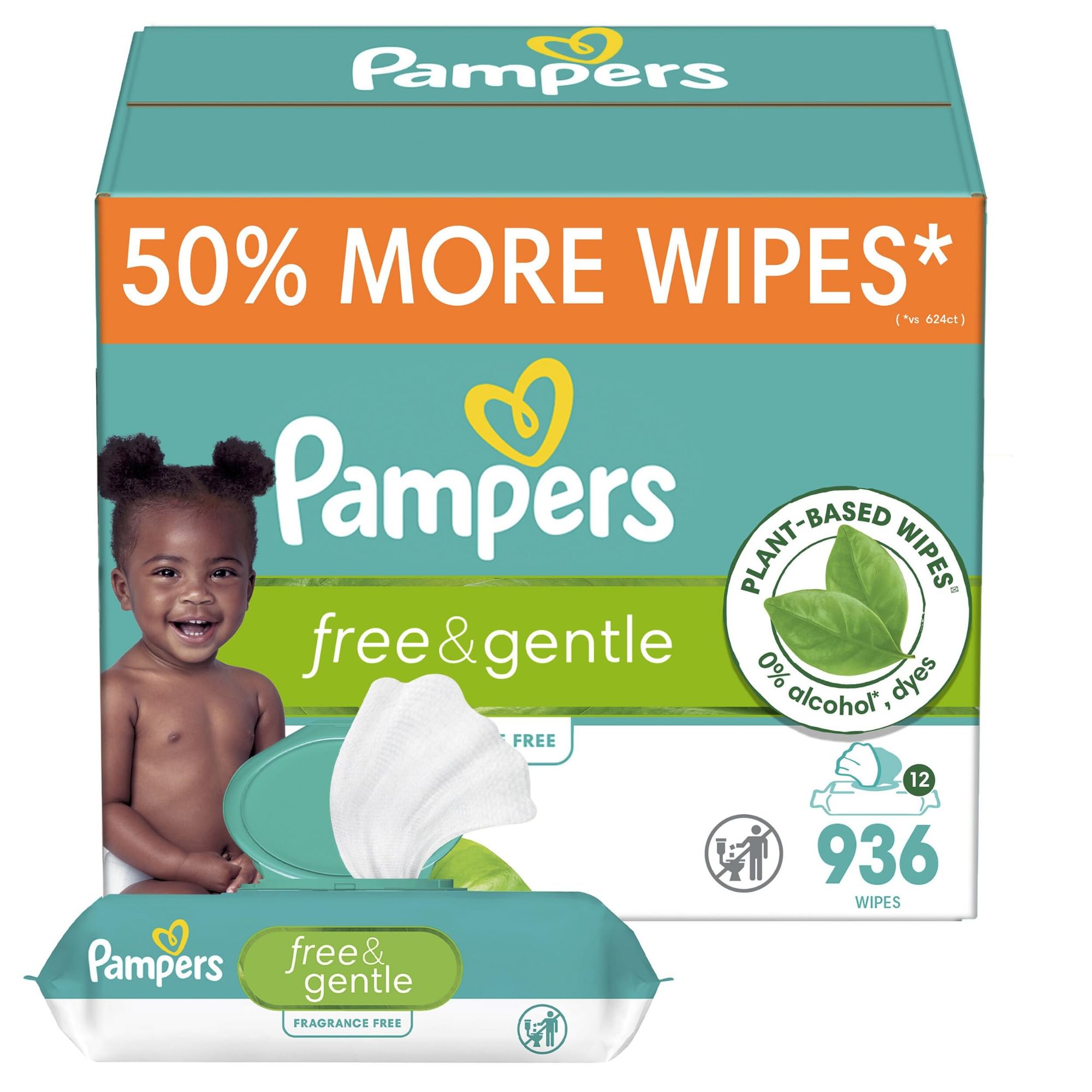 Lenços Umedecidos Para Bebês Pampers Free &amp; Gentle 936 Wipes, 12 Pacotes Flip-top