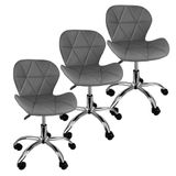 Kit 3 Cadeiras Slim Office Estofada Base Giratória Cromada - Cinza