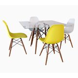 Conjunto Jantar Eames Tampo Quadrado Vidro 90cm -  4 Cadeiras: 2 Brancas, 2 Amarelas