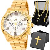 Relogio Masculino Dourado + Caixa Casual Robusto Social Cruz