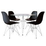 Mesa Jantar Eames de Ferro Branca Tampo Redondo 90cm Vidro 4 Cadeiras Preta