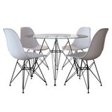 Conjunto Jantar Eames de Ferro Preto Tampo Redondo 90cm Vidro 4 Cadeiras Brancas