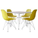 Conjunto Jantar Eames de Ferro Branco e Tampo Quadrado Branco 90cm - 4 Cadeiras Amarelas