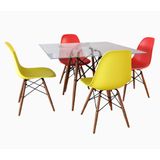 Conjunto Jantar Eames Tampo Quadrado Vidro 90cm -  4 Cadeiras: 2 Vermelhas, 2 Amarelas