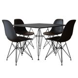 Conjunto Jantar Eames de Ferro Preto e Tampo Quadrado Preto 90cm 4 Cadeiras Pretas