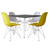 Conjunto Jantar Eames de Ferro Branco e Tampo Quadrado Preto 90cm -  4 Cadeiras: 2 Brancas, 2 Amarel