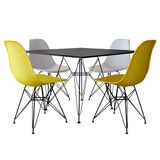 Conjunto Jantar Eames de Ferro Preto e Tampo Quadrado Preto 90cm -  4 Cadeiras: 2 Brancas, 2 Amarela