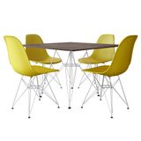 Conjunto Jantar Eames de Ferro Branco e Tampo Quadrado Amadeirado 90cm - 4 Cadeiras Amarelas