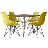 Conjunto Jantar Eames de Ferro Preto e Tampo Quadrado Amadeirado 90cm - 4 Cadeiras Amarelas