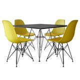 Conjunto Jantar Eames de Ferro Preto e Tampo Quadrado Preto 90cm - 4 Cadeiras Amarelas