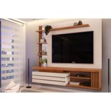 Rack Bancada Com Painel Para Tv Até 55 Pol Marin 1 Porta E Torre Ripada 160x153cm Off White-freijó - Dj Móveis
