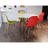 Conjunto de Mesa 4 Cadeiras 2 Amarelas e 2 Vermelhas Eames Dkr 90 Cm Base Madeira Tampo - Branco