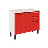 Gabinete P- Pia Cozinha Balcão C- Tampo Colors 6114 C- 3 Portas E 2 Gavetas 105cm Branco-vermelho - Bertolini