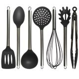 Jogo De Utensílios De Silicone Com Cabo Inox Conjunto Escumadeira Colher Espátula Concha Pegadores Preto