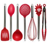 Jogo De Utensílios De Silicone Com Cabo Inox Conjunto Escumadeira Colher Espátula Concha Pegadores Preto