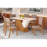 Conjunto: Mesa Sala Jantar Épic Sc24 Tampo Madeirado C/ Vidro Canto Curvo 160x90cm E 6 Cadeiras Milla Nature/suede Light Marrom Amêndoa - Henn