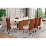Conjunto: Mesa Sala Jantar Solana Sc66 Tampo Madeirado C/ Vidro Canto Curvo 200x90cm E 8 Cadeiras Anne Nature/courano/linho - Henn