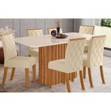 Conjunto: Mesa Sala Jantar Solana Sc68 Tampo Madeirado C/ Vidro Canto Curvo 160x90cm E 6 Cadeiras Vita Nature/suede Light Linho - Henn