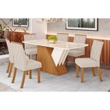 Conjunto: Mesa Sala Jantar Épic Sc24 Tampo Madeirado C/ Vidro Canto Curvo 160x90cm E 6 Cadeiras Vita Nature/suede Light Linho - Henn