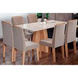 Conjunto: Mesa Sala Jantar Maitê Tampo Madeirado C/ Vidro Canto Curvo 160x80cm E 6 Cadeiras Nicole Nature/suede Nude Bege - Cimol