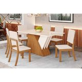 Conjunto: Mesa Sala Jantar Épic Sc24 Tampo Madeirado C/ Vidro Canto Curvo 160x90cm E 6 Cadeiras Milla Nature/suede Light Linho - Henn