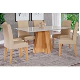 Conjunto: Mesa Sala Jantar Patricia C/ Tampo Madeirado C/ Vidro Canto Reto 160x80m E 6 Cadeiras Maia Cinamomo/suede Gengibre Bege - Cimol