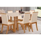 Conjunto: Mesa Sala Jantar Yara Sc79 Tampo Madeirado C/ Vidro Canto Curvo 160x90cm E 6 Cadeiras Isa Nature/linho - Henn