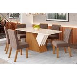 Conjunto: Mesa Sala Jantar Épic Sc24 Tampo Madeirado C/ Vidro Canto Curvo 160x90cm E 6 Cadeiras Vita Nature/suede Light Bege - Henn